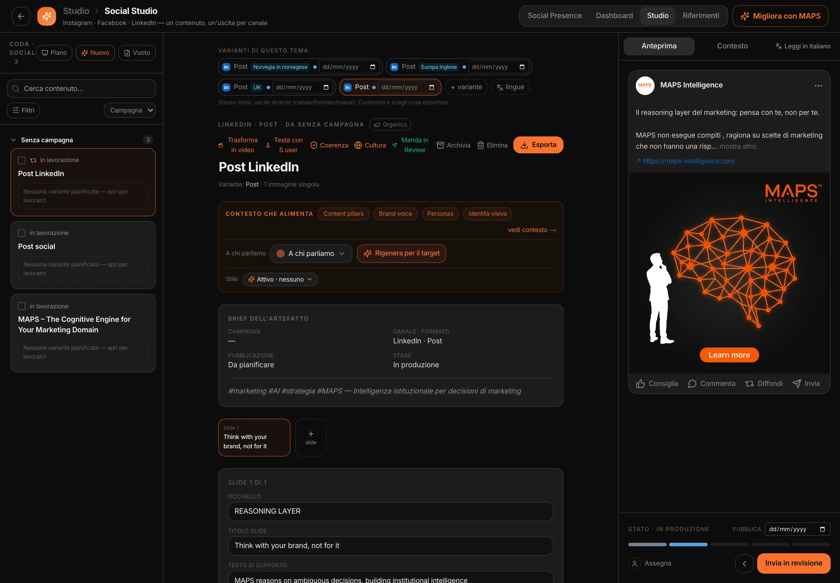 Social Studio: un post LinkedIn di MAPS, con le varianti per paese e il contesto che lo alimenta