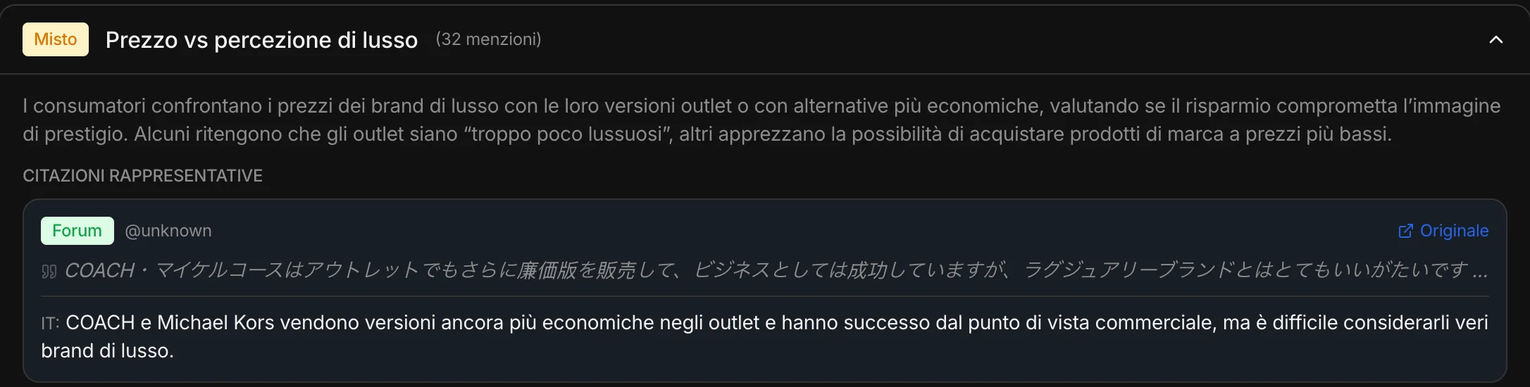 Un tema del Social Listening con la citazione originale e la traduzione
