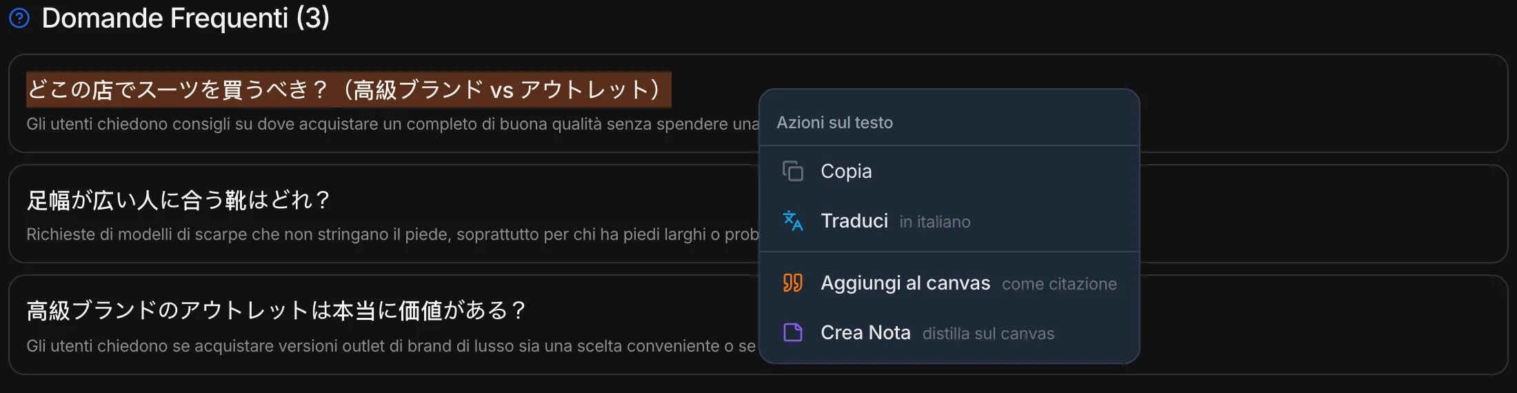 Il menu «Azioni sul testo» con Traduci in italiano