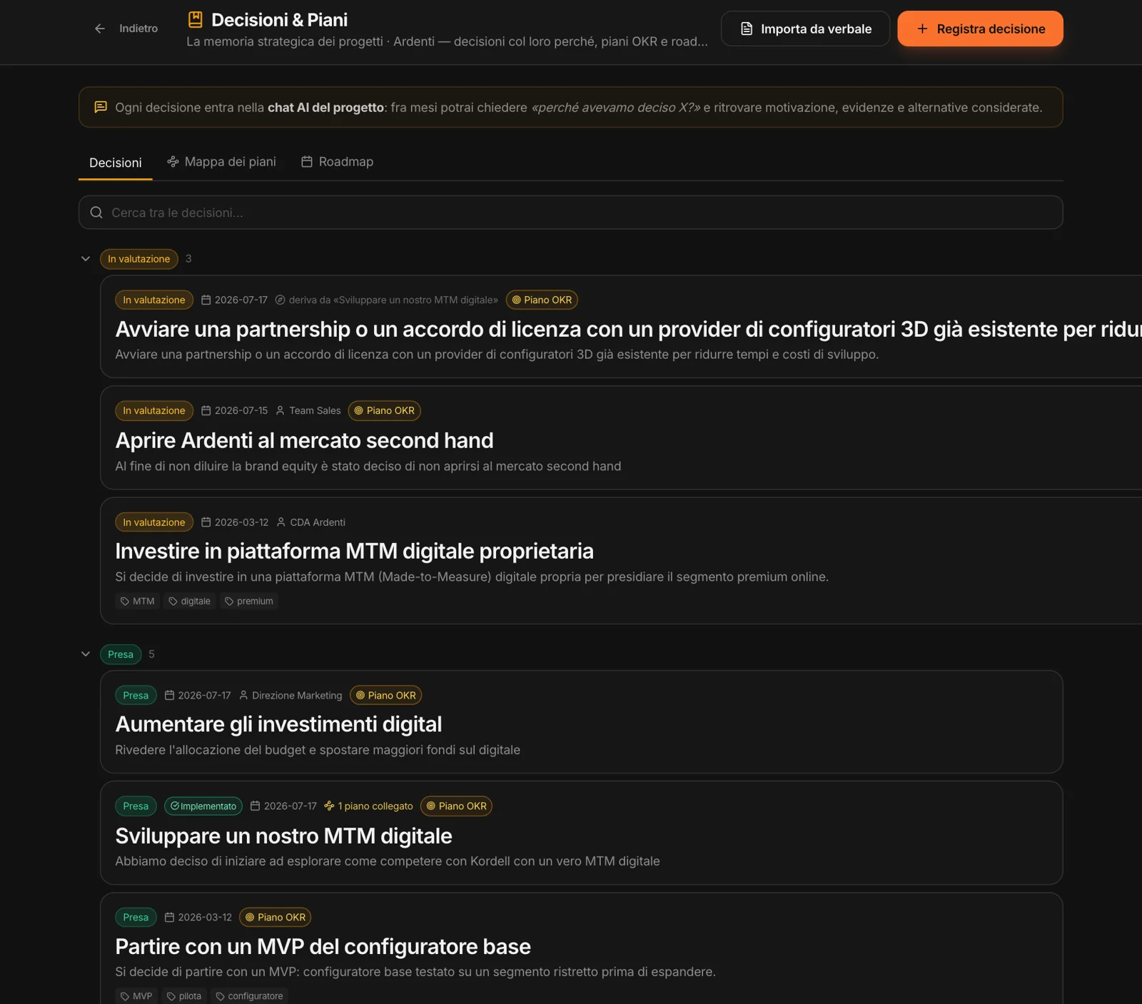 La memoria delle decisioni: decisioni prese e in valutazione, con data, autore e tag