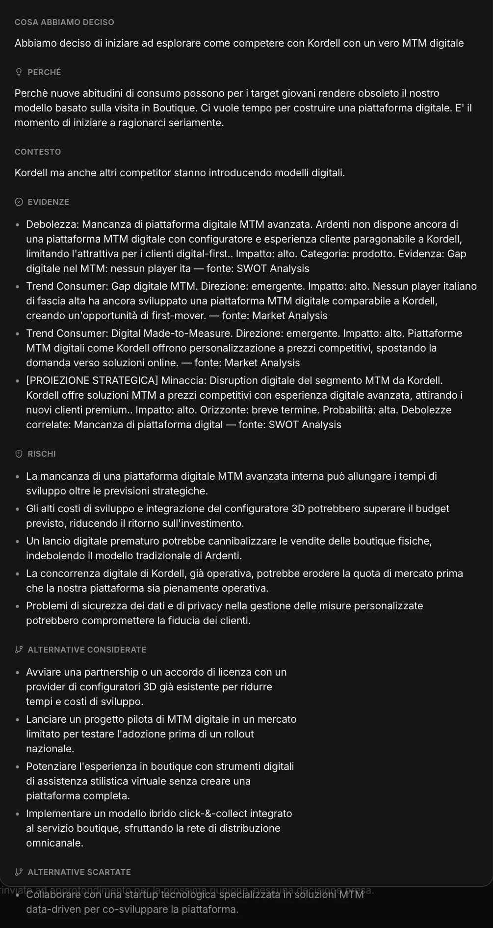Una decisione aperta: cosa, perché, contesto, evidenze con fonte, rischi, alternative considerate e scartate