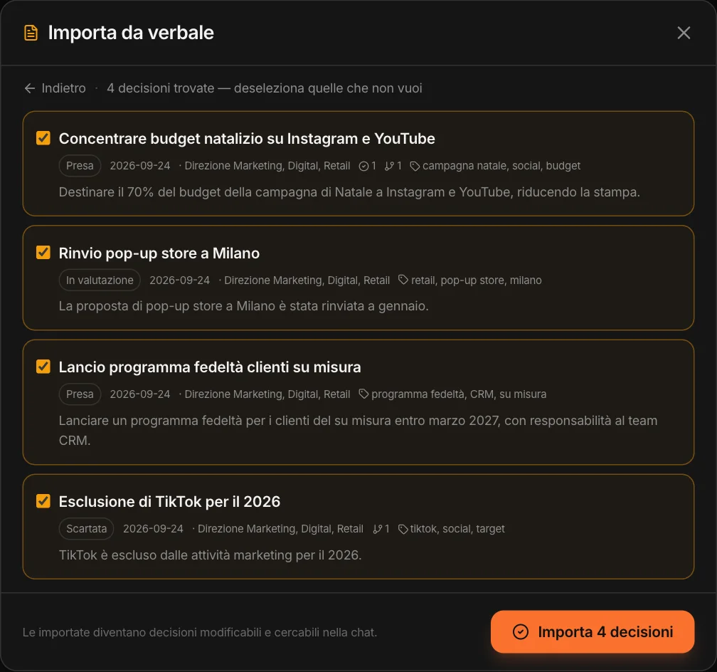 Importa da verbale: quattro decisioni trovate, con stato, data, responsabile e tag