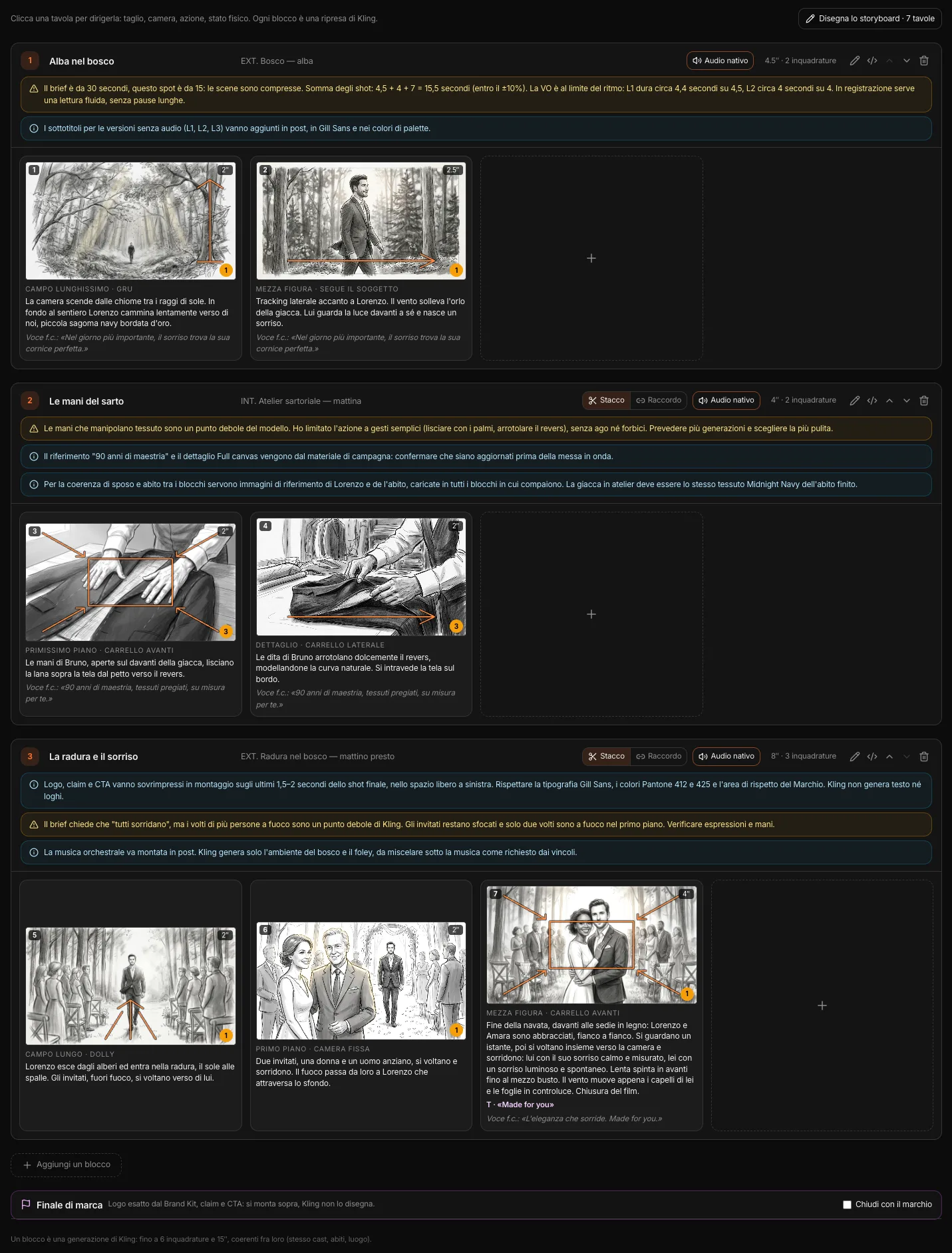 Lo storyboard: tre blocchi con le tavole a matita, il movimento di macchina disegnato, gli avvisi del regista, stacco o raccordo