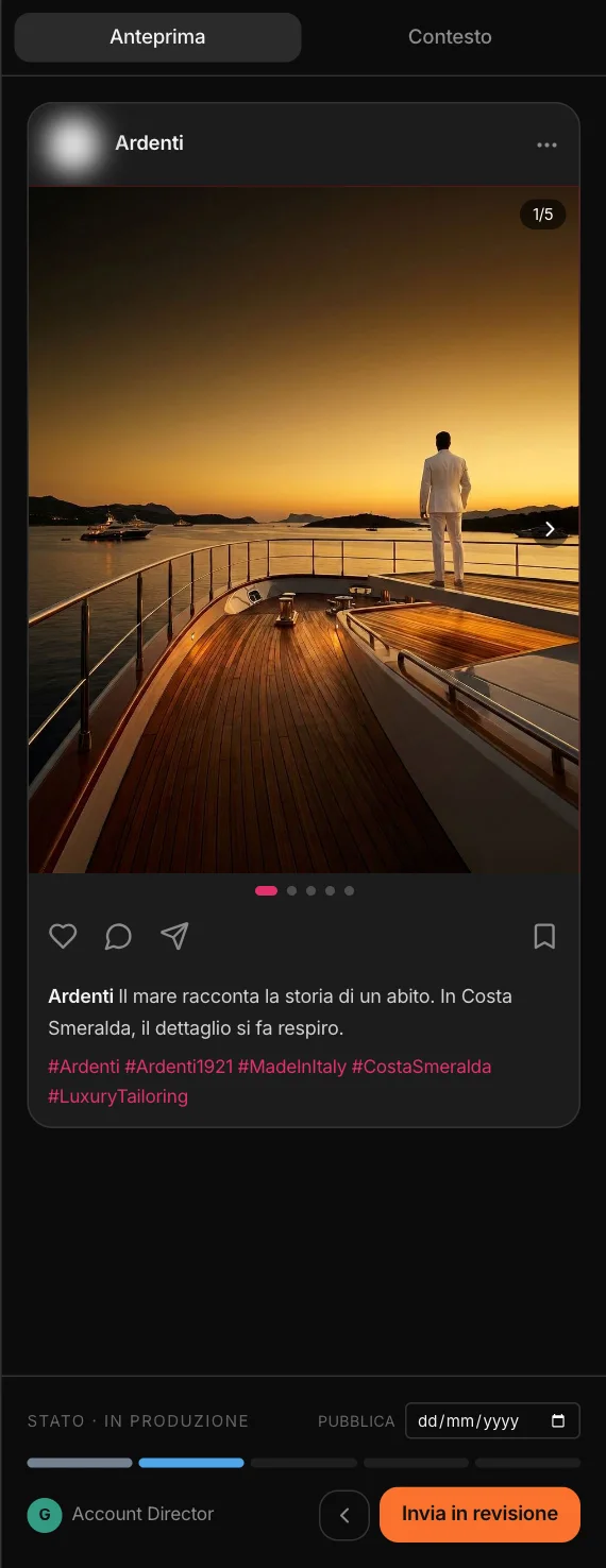 L’anteprima Instagram del carosello, con la caption e gli hashtag; sotto lo stato, la data e l’assegnazione