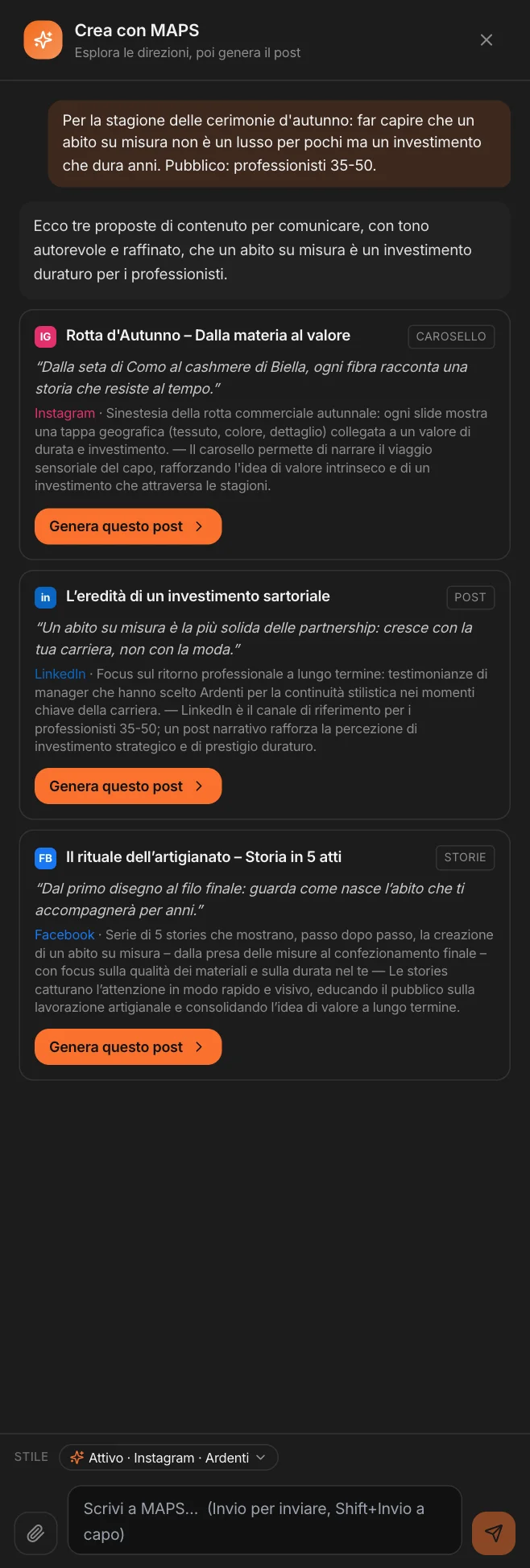 Crea con MAPS: il tema scritto, tre direzioni con canale, formato, aggancio e motivo; la terza va al Video Studio
