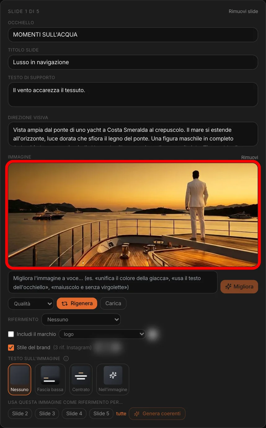 L’editor della slide: occhiello, titolo, testo, direzione visiva, immagine con Migliora a parole, Qualità, Riferimento, marchio, stile del brand, testo sull’immagine, genera coerenti