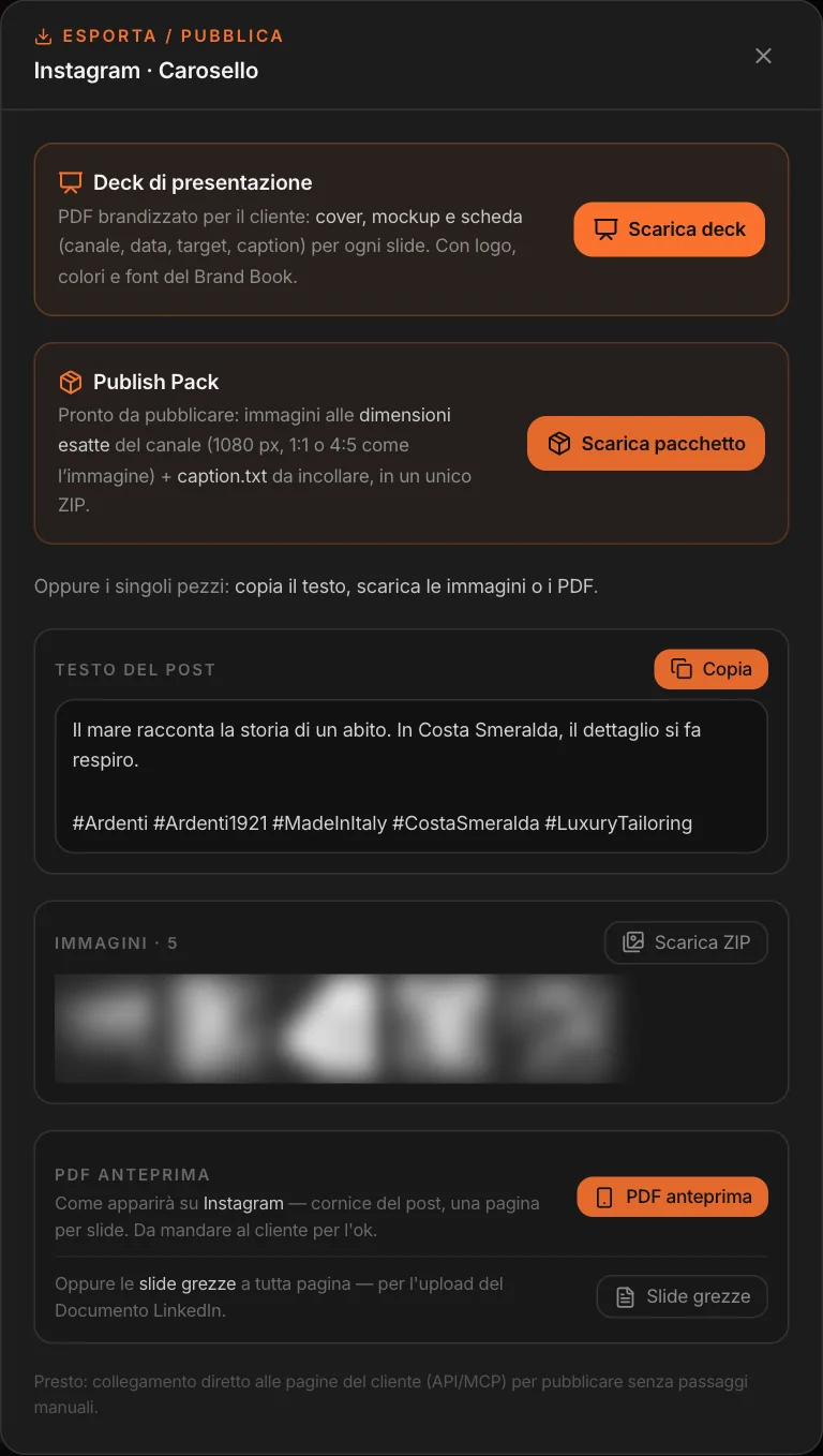 Esporta e pubblica: deck di presentazione, Publish Pack, testo del post, immagini, PDF anteprima, slide grezze