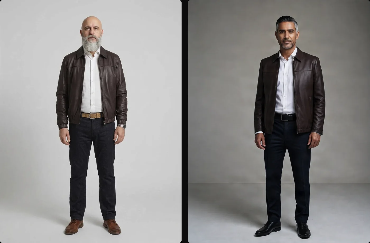 Two looks tried on in the studio: a testimonial in the Kit’s blouson, shirt, jeans and belt; a synthetic character in blouson and shirt