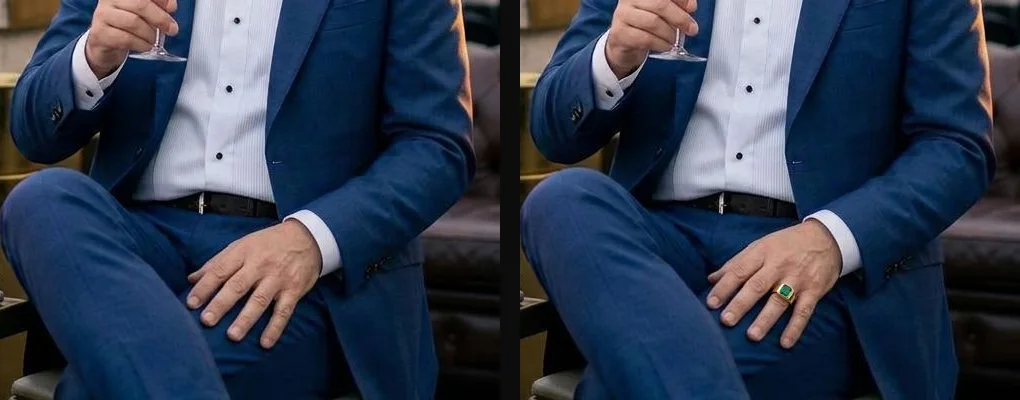 The Brush: before and after, an emerald ring added on the hand; everything else unchanged