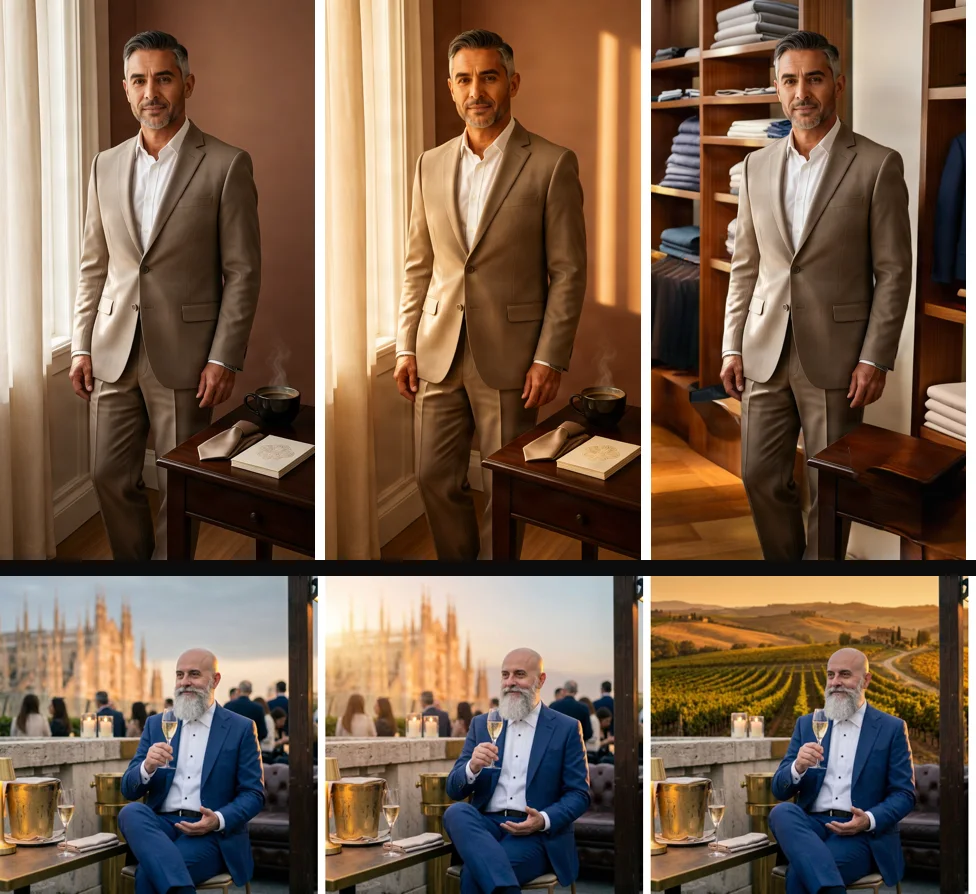 Variants: sunrise light and a new background on a synthetic character; morning light and a vineyard on a testimonial