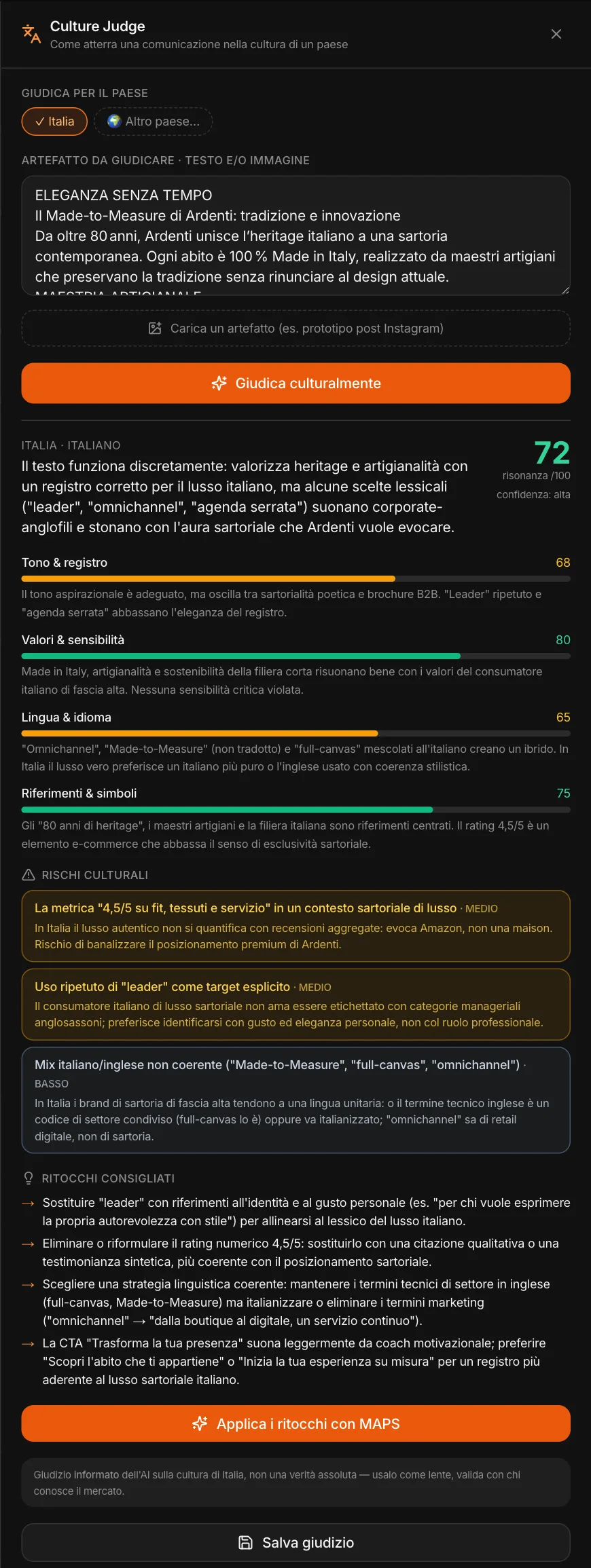 Culture Judge per l’Italia: risonanza 72, quattro dimensioni, rischi culturali, ritocchi consigliati, Applica i ritocchi con MAPS