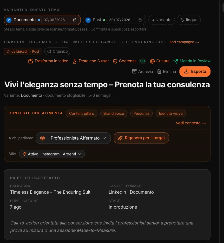 Un contenuto nel Social Studio: le azioni Testa con S.user, Coerenza 90, Cultura, Manda in Review; il contesto che lo alimenta, il target, lo stile attivo, il brief dalla campagna