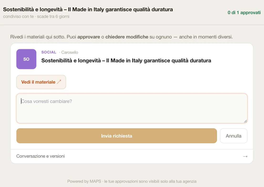 Cosa vede il cliente: il contenuto da approvare, Approva o Richiedi modifiche con una nota