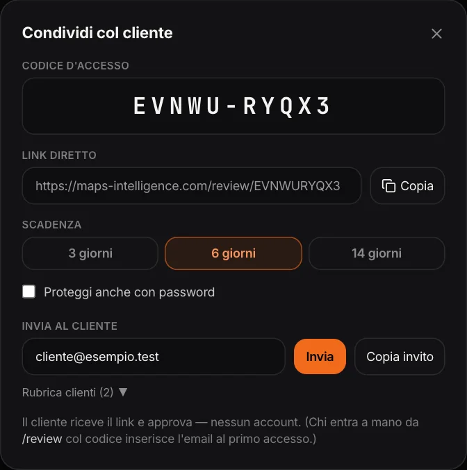 Condividi col cliente: codice d’accesso, link diretto, scadenza, password, invio