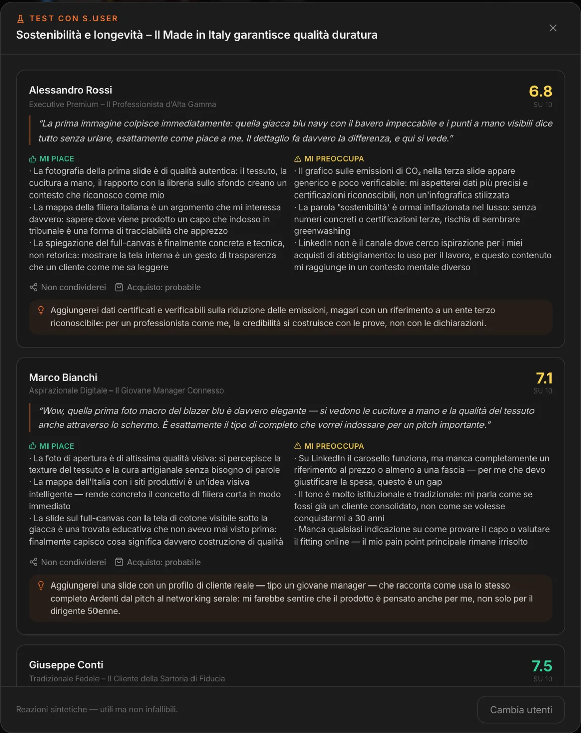 Test con S.user su un carosello: tre utenti sintetici con punteggio, prima impressione, mi piace, mi preoccupa, condivisione, acquisto e suggerimento