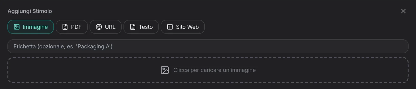 Aggiungi stimolo: immagine, PDF, URL, testo, sito web