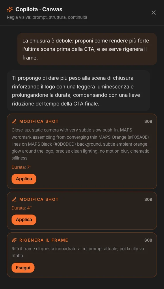Il copilota sul Canvas: la richiesta, la risposta, tre proposte — modifica dell’inquadratura S08 con durata, durata di S09, rigenerare il frame di S08