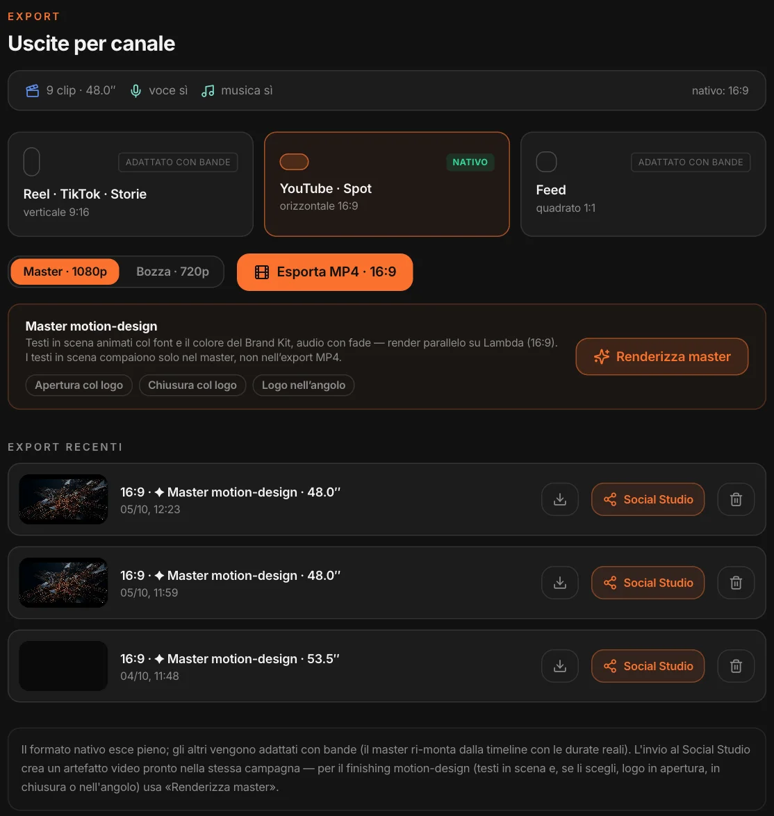 L’Export: i formati per canale, la qualità, il master motion-design con le opzioni del logo, gli export recenti con scarica, Social Studio, elimina