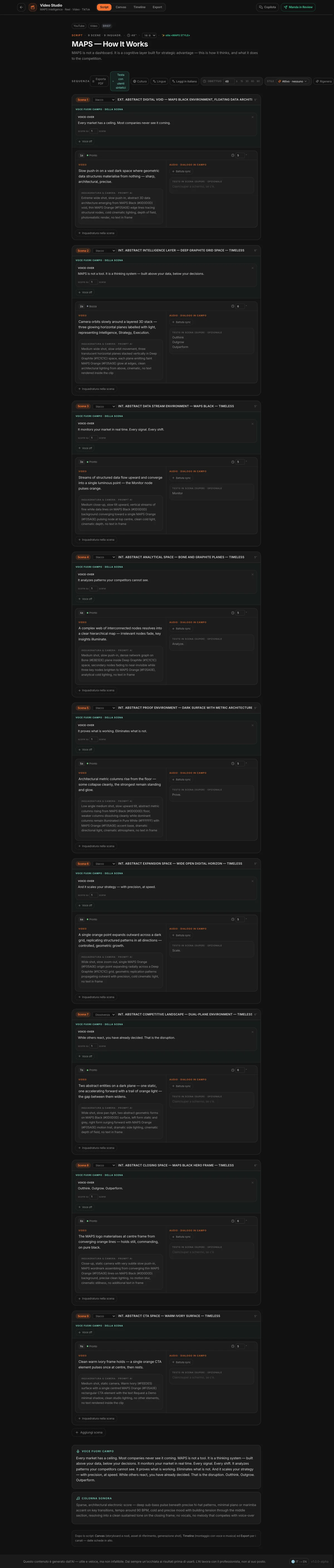 Lo script di «MAPS — How It Works»: nove scene, ciascuna con ambientazione, voce fuori campo, inquadratura con azione, prompt per la camera e testo in scena; in fondo la voce fuori campo intera e la colonna sonora