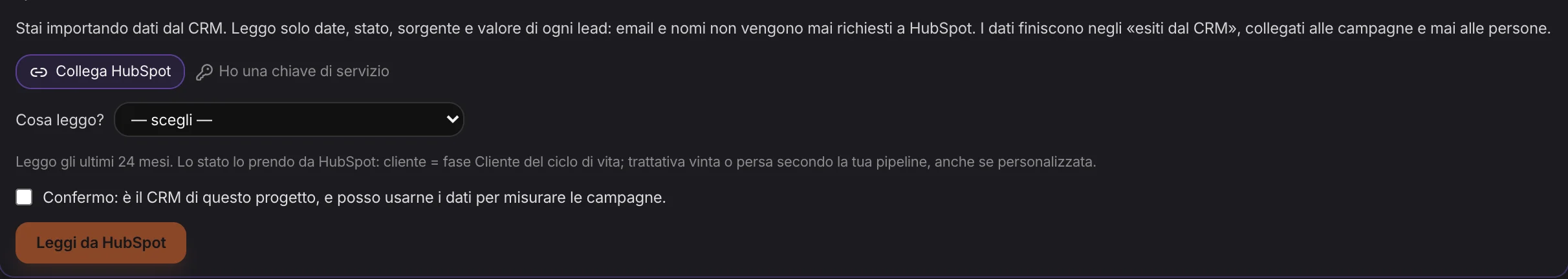 Il collegamento a HubSpot: solo date, stato, sorgente e valore