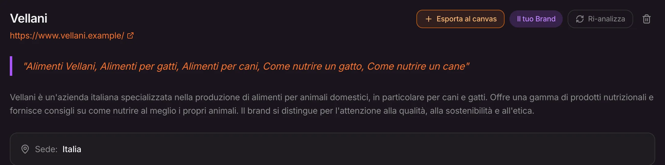 La testata della scheda del brand