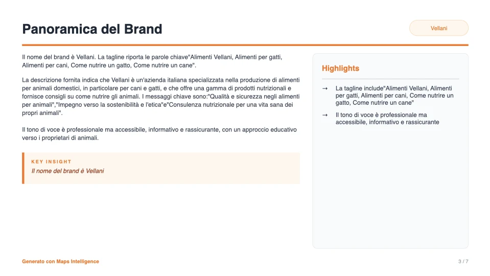 Una slide sul brand: testo, key insight, highlights