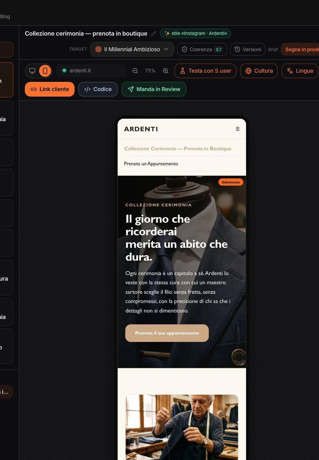 L’anteprima telefono della landing, con il menu aperto sulle due pagine del concept