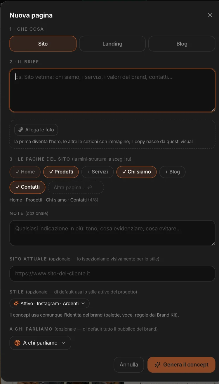 Nuova pagina: Sito, Landing o Blog, il brief, le foto, le pagine del sito, le note, il sito attuale, lo stile, a chi parliamo