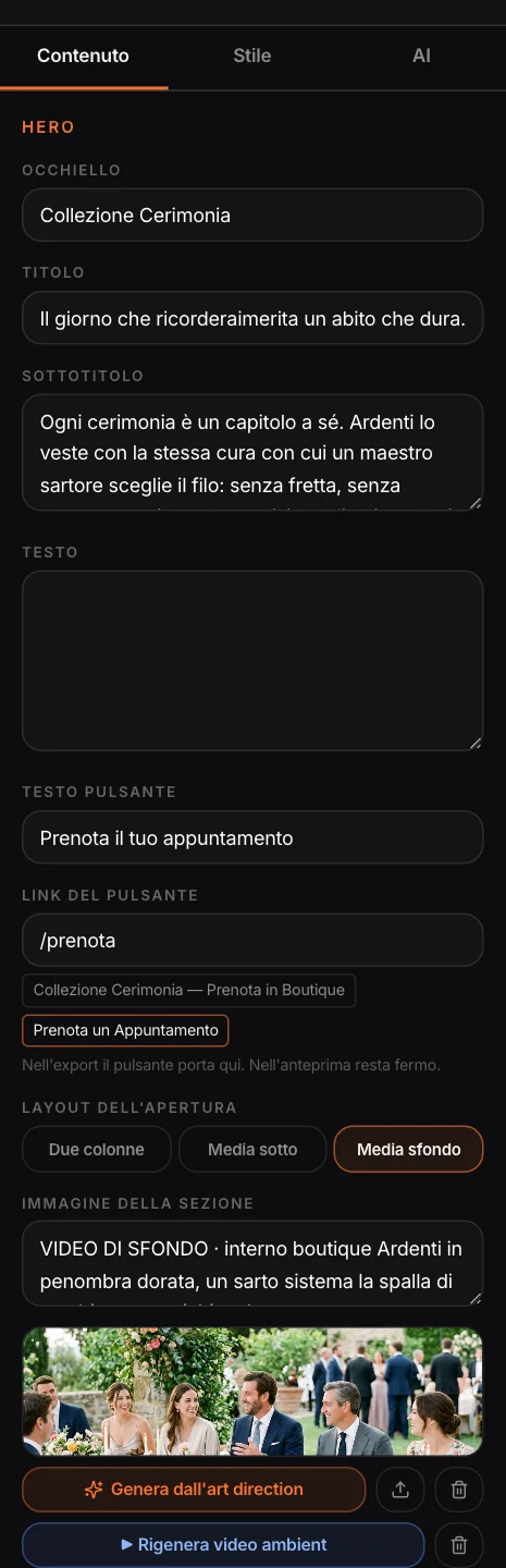 Il pannello Contenuto con l’apertura selezionata: occhiello, titolo, sottotitolo, testo del pulsante, link del pulsante con le pagine del concept, layout dell’apertura, immagine e video ambient