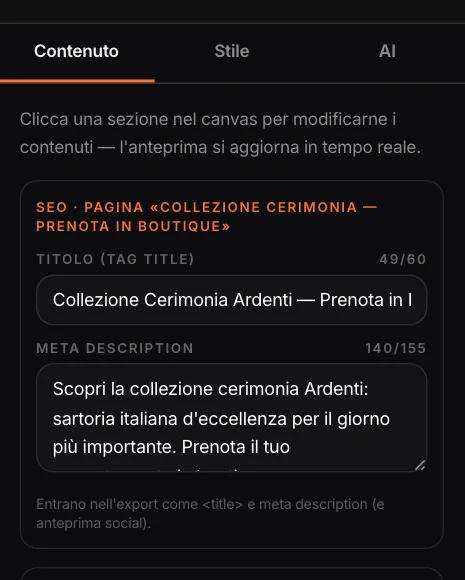La SEO della pagina: titolo (49/60) e meta description (140/155), e il link del pulsante in alto