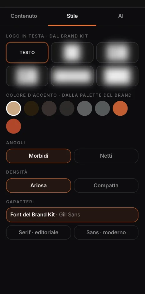 Il pannello Stile: logo dal Brand Kit, colore d’accento dalla palette, angoli, densità, caratteri con il font del Brand Kit
