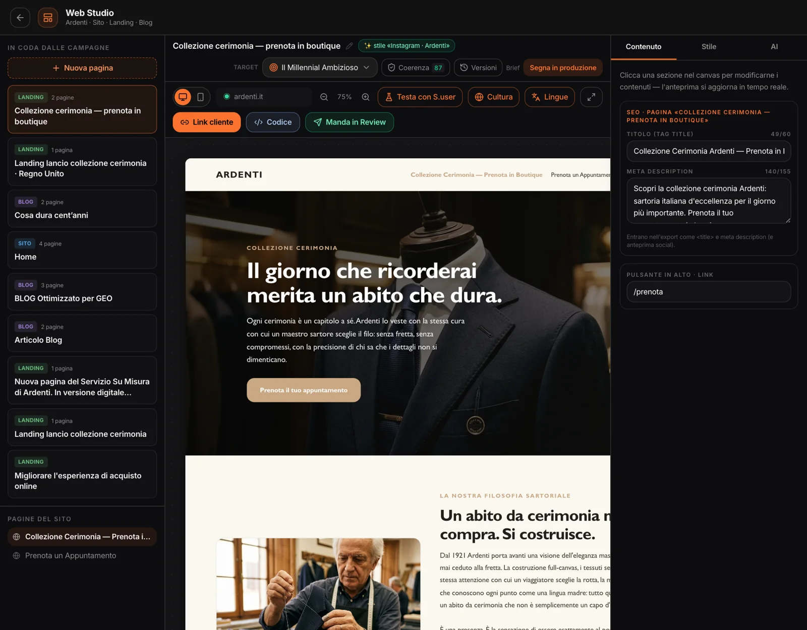 Il Web Studio: a sinistra la coda dei concept e le pagine del sito, al centro la landing della collezione cerimonia, a destra la SEO della pagina e il link del pulsante in alto